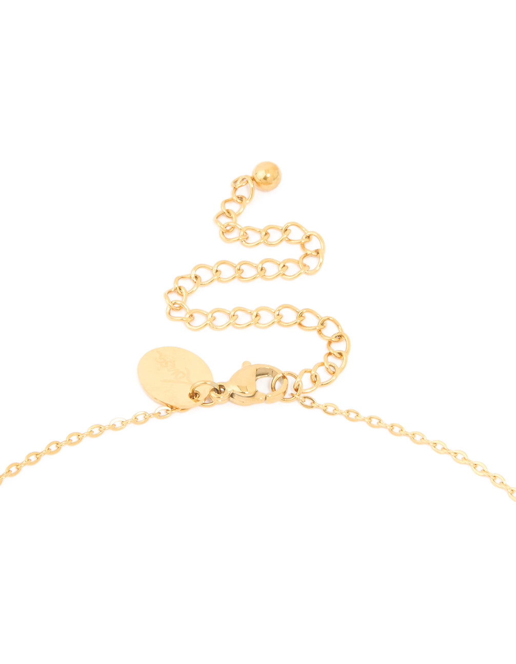 Highlighting a large bubble letter N initial pendant in waterproof stainless steel with gold plated finish clasp detail view