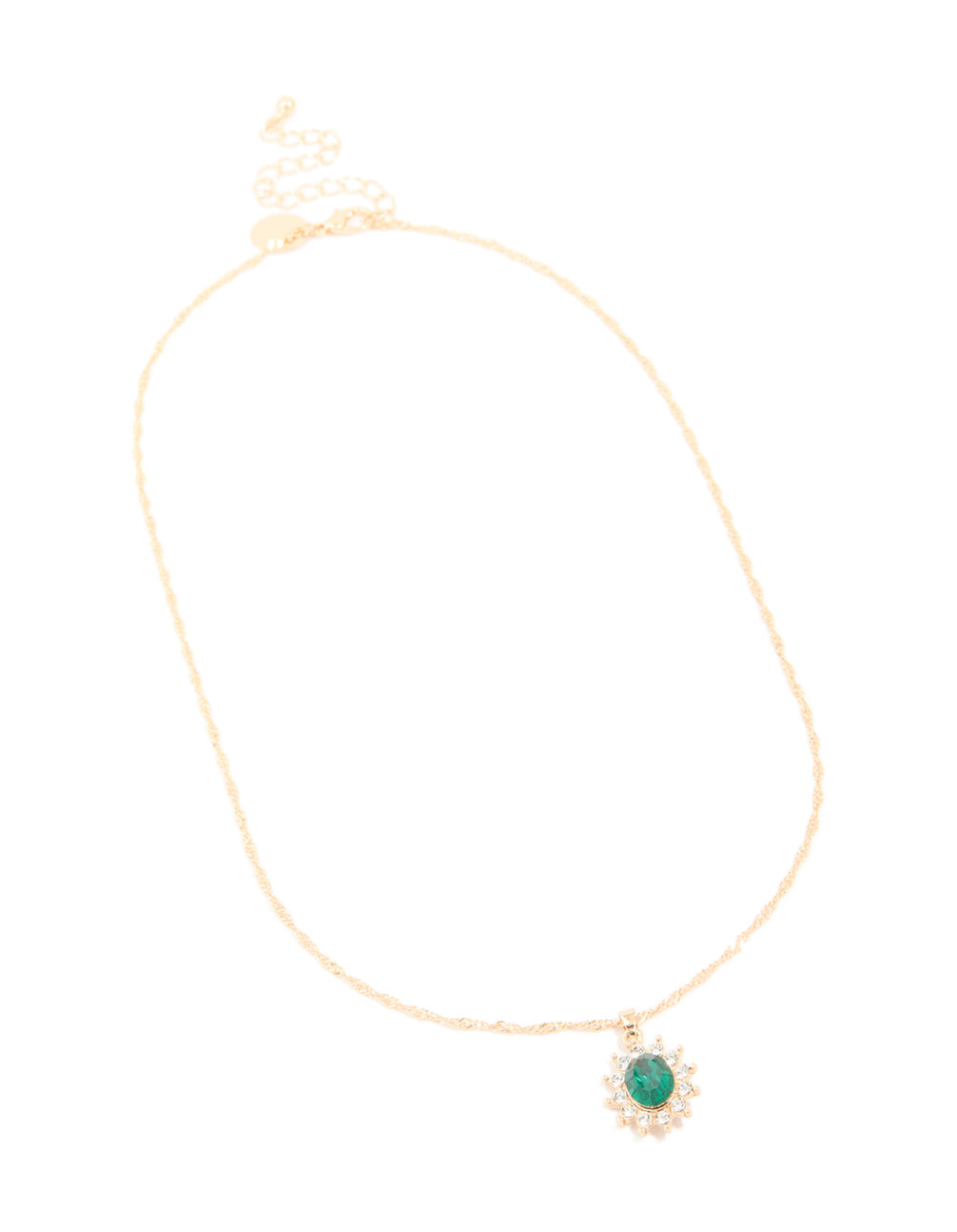 Gold Oval Green Diamante Pendant & Twisted Chain Necklace