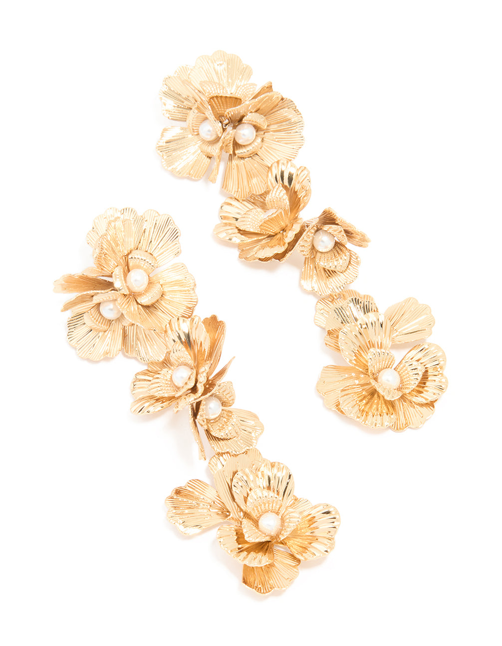 Gold Molten & Pearl Flower Drop Earrings
