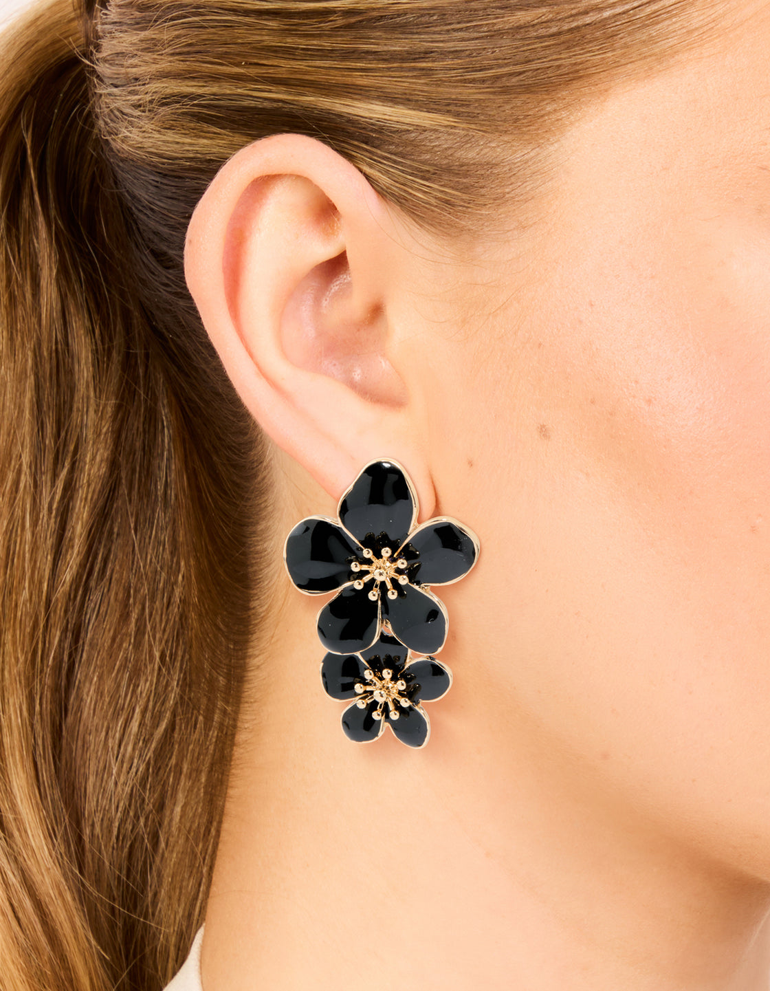 Gold Black Enamel Double Flower Drop Earrings