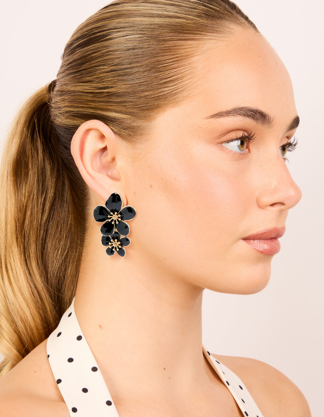 Gold Black Enamel Double Flower Drop Earrings