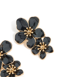 Gold Black Enamel Double Flower Drop Earrings - link has visual effect only