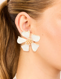 Gold White Enamel Flower Stud Earrings - link has visual effect only