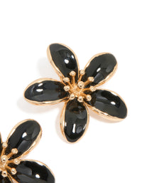 Gold Black Enamel Small Flower Stud Earrings - link has visual effect only