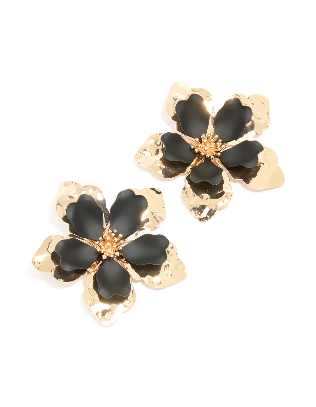 Gold Black Coated Metal Large Flower Stud Earrings