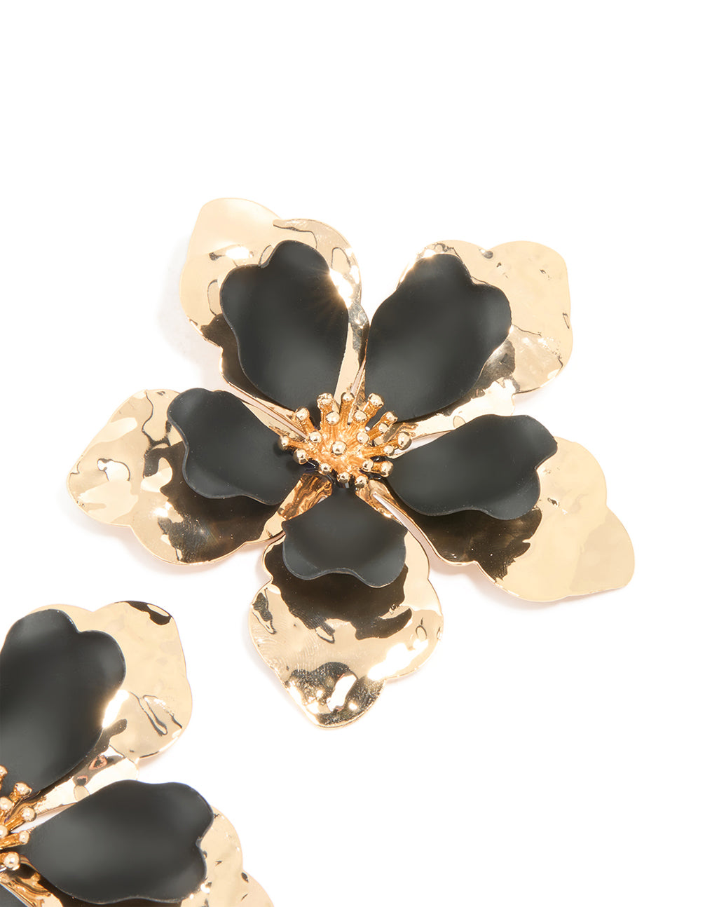 Gold Black Coated Metal Large Flower Stud Earrings