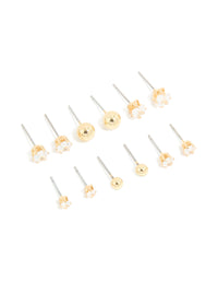 Gold Plated Cubic Zirconia & Ball Stud Earrings 6-Pack - link has visual effect only