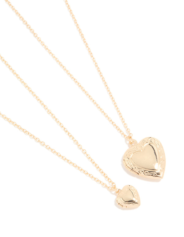 Gold Heart Locket Necklaces 2-Pack