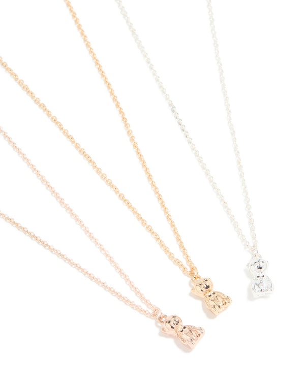 Mixed Metal Mini Teddy Bear Necklaces 3-Pack