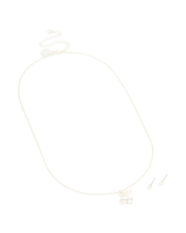Silver Plated Cubic Zirconia Cherry Necklace & Classic Stud Earrings Set