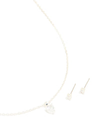 Silver Plated Cubic Zirconia Heart Necklace & Classic Stud Earrings Set - link has visual effect only