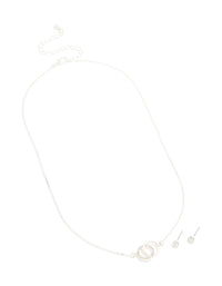 Silver Diamante Linked Circle Necklace & Classic Stud Earrings Set - link has visual effect only