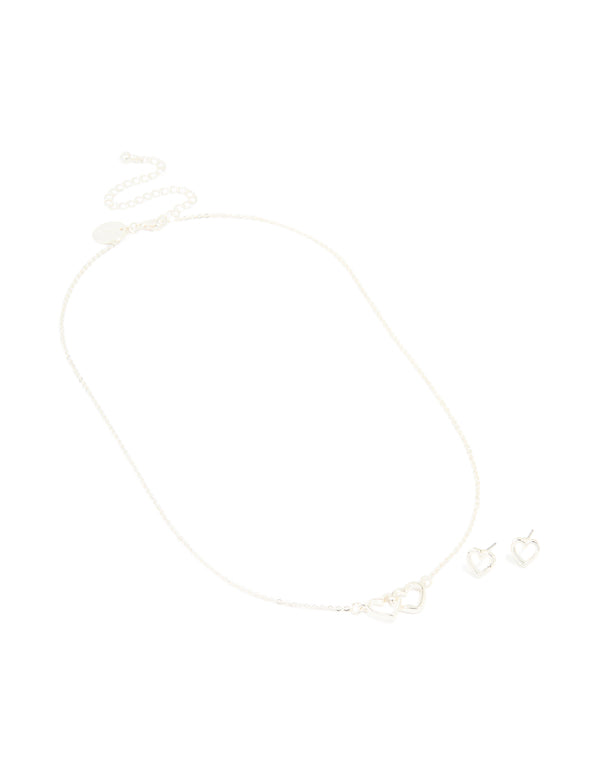 Silver Plated Double Heart Pendant Necklace & Heart Earrings Set