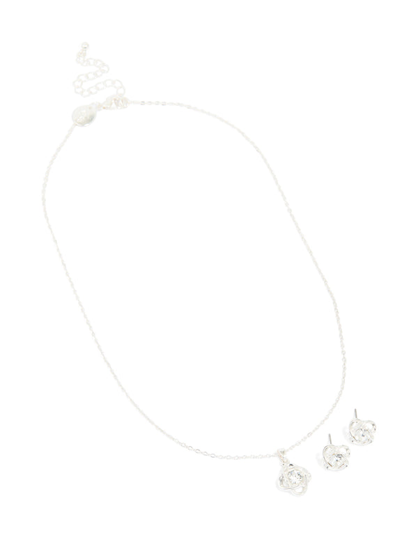 Silver Diamante Knotted Pendant Necklace & Stud Earrings Set