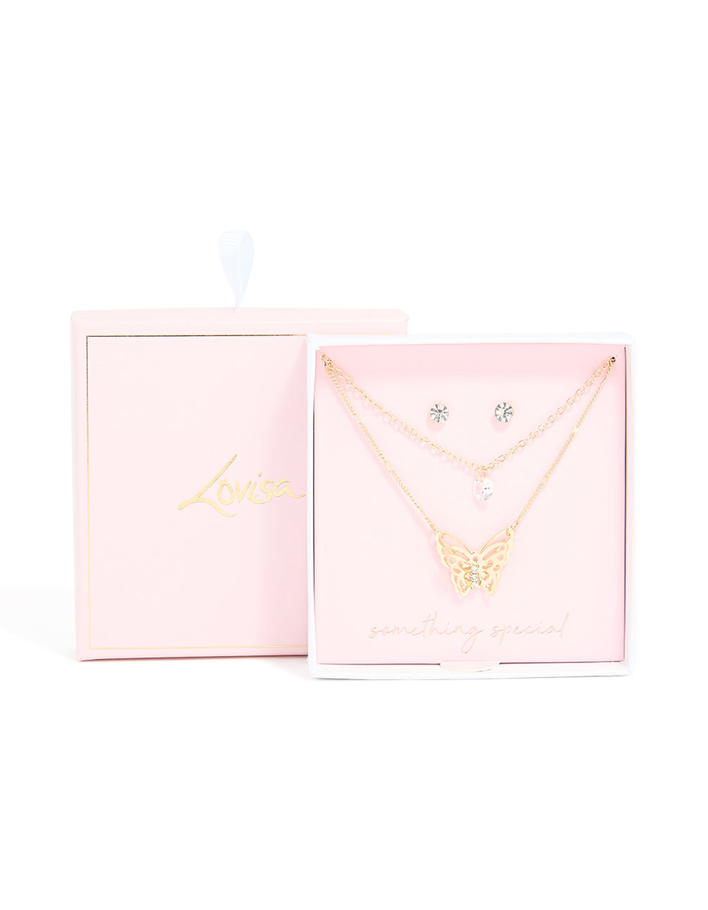 Gold Butterfly Layered Necklace & Stud Earrings Set