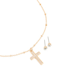 Gold Diamante Cross Pendant Necklace & Stud Earrings Set - link has visual effect only