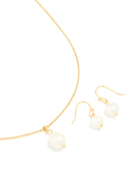 Gold Plated Freshwater Pearl Necklace & Drop Earrings Set - link has visual effect only