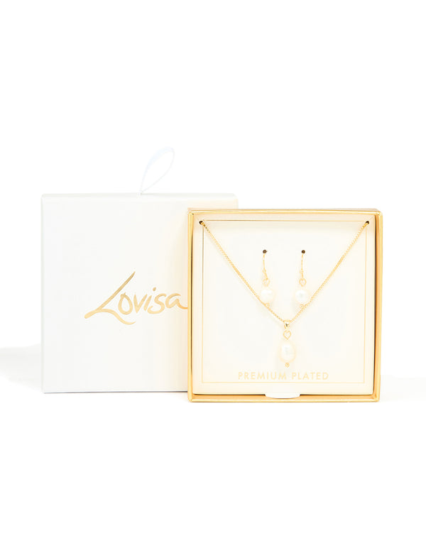 Gold Plated Freshwater Pearl Necklace & Drop Earrings Set