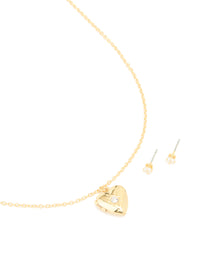 Gold Plated Cubic Zirconia Heart Locket Necklace & Earrings Set - link has visual effect only