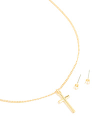 Gold Plated Cross Classic Necklace & Cubic Zirconia Stud Earrings Set - link has visual effect only