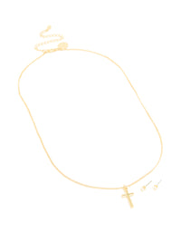 Gold Plated Cross Classic Necklace & Cubic Zirconia Stud Earrings Set - link has visual effect only