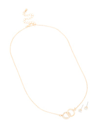 Gold Diamante Linked Circle Necklace & Stud Earrings Set - link has visual effect only
