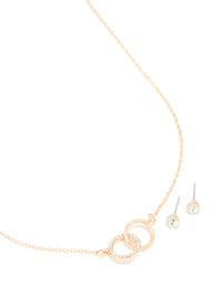 Gold Diamante Linked Circle Necklace & Stud Earrings Set - link has visual effect only