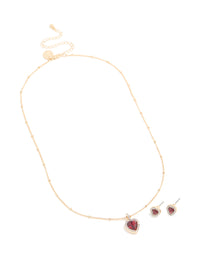 Gold Red Diamante Heart Halo Necklace & Stud Earrings Set - link has visual effect only