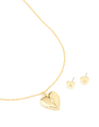 Gold Plated Cubic Zirconia Star Heart Locket Necklace & Earrings Set - link has visual effect only