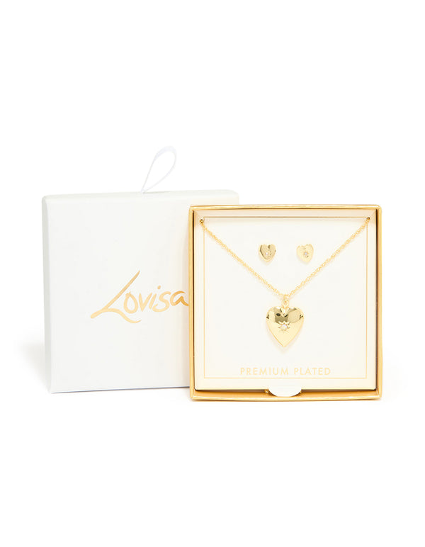Gold Plated Cubic Zirconia Star Heart Locket Necklace & Earrings Set