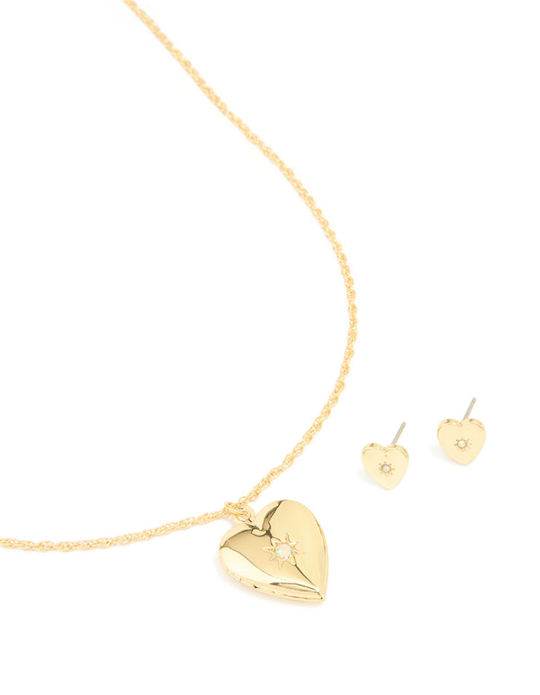 Gold Plated Cubic Zirconia Star Heart Locket Necklace & Earrings Set