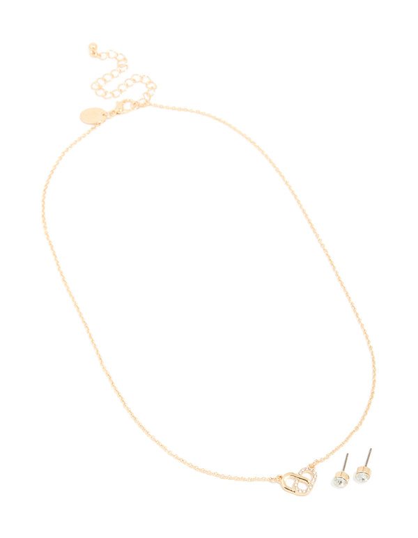 Gold Overlap Pendant Necklace & Classic Diamante Stud Earrings Set