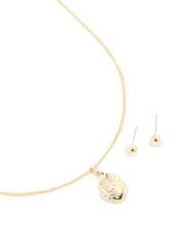 Gold Locket Necklace & Stud Earrings Set - link has visual effect only