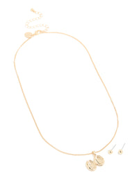 Gold Locket Necklace & Stud Earrings Set - link has visual effect only