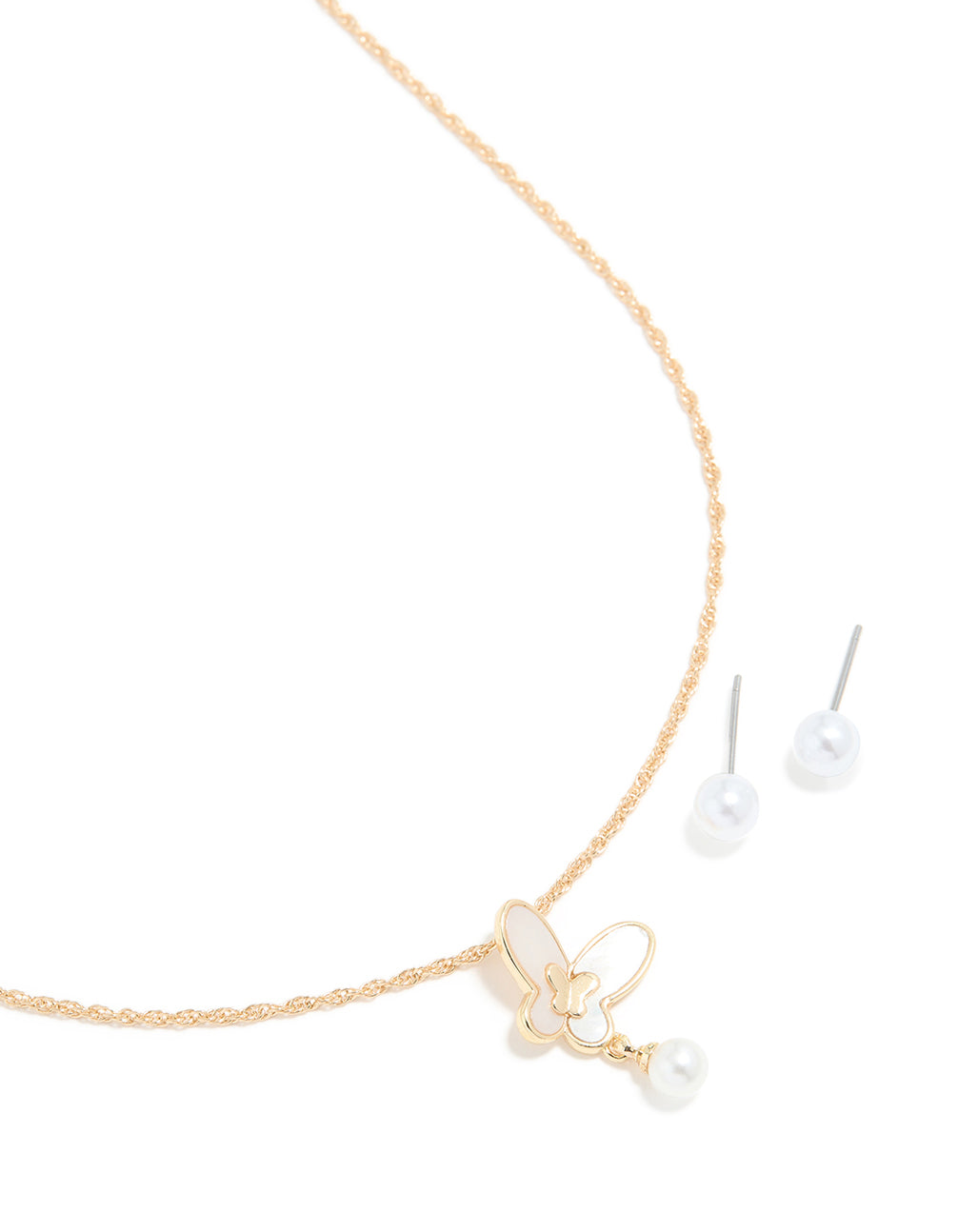 Gold Pearl Butterfly Pendant Necklace & Pearl Stud Earrings Set