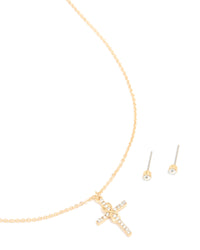Gold Plated Diamante Cross Necklace & Classic Stud Earrings Set - link has visual effect only
