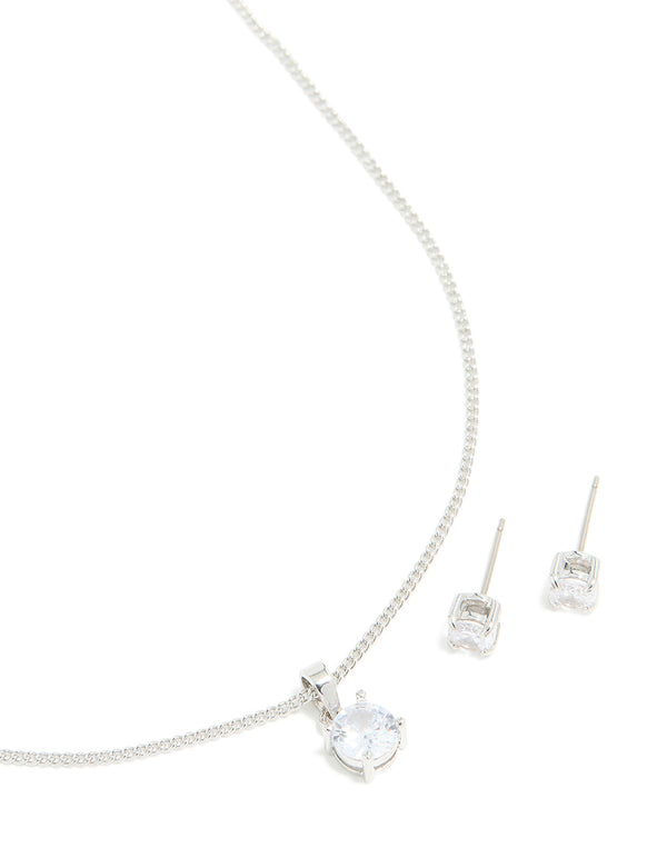 Silver Cubic Zirconia Solitaire Necklace & Earrings Set