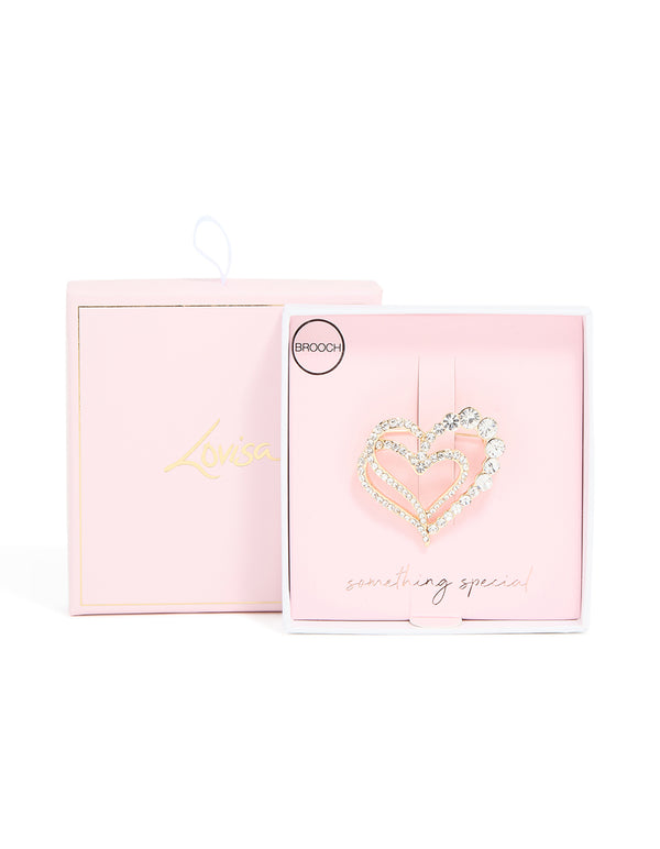 Gold Diamante Double Heart Brooch