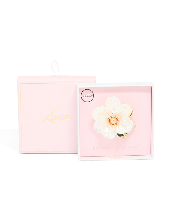 Gold White Flower Brooch