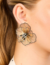 Gold Diamante Laser Cut Black Outline Full Flower Earrings - link has visual effect only