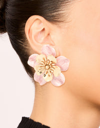Gold Pink Enamel Layered Flower Stud Earrings - link has visual effect only
