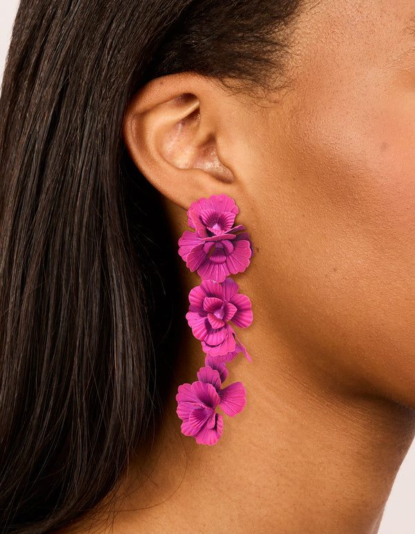 Fuschia Pink Coated Metal Triple Flower Drop Earrings