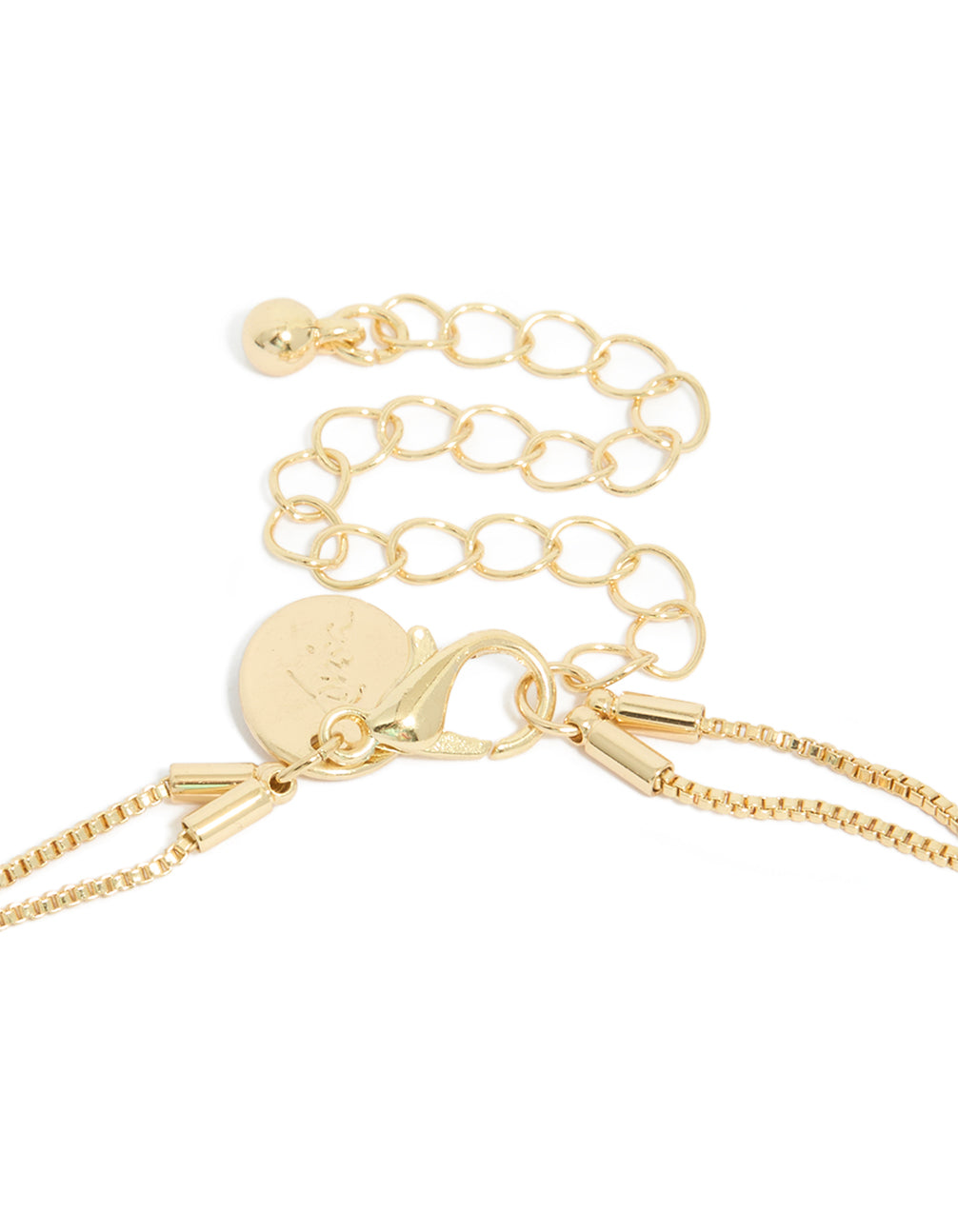 Displaying a gold plated cubic zirconia pearl layered necklace clasp detail view