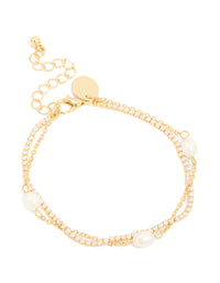 Gold Plated Cubic Zirconia & Freshwater Pearl Tennis Layered Bracelet - link has visual effect only