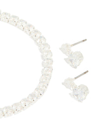 Silver Plated Round Cubic Zirconia Drop Earrings & Tennis Bracelet Set - link has visual effect only