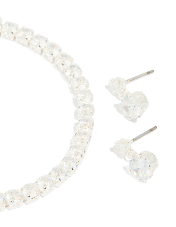 Silver Plated Round Cubic Zirconia Drop Earrings & Tennis Bracelet Set