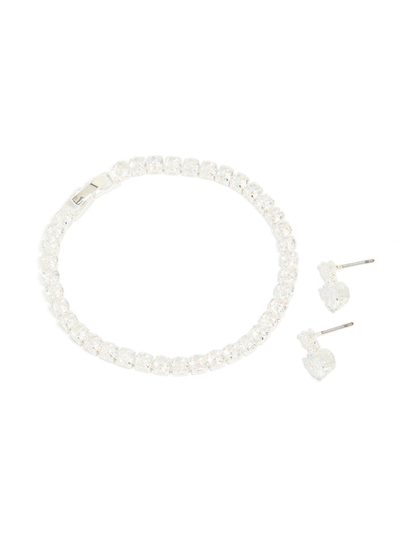 Silver Plated Round Cubic Zirconia Drop Earrings & Tennis Bracelet Set