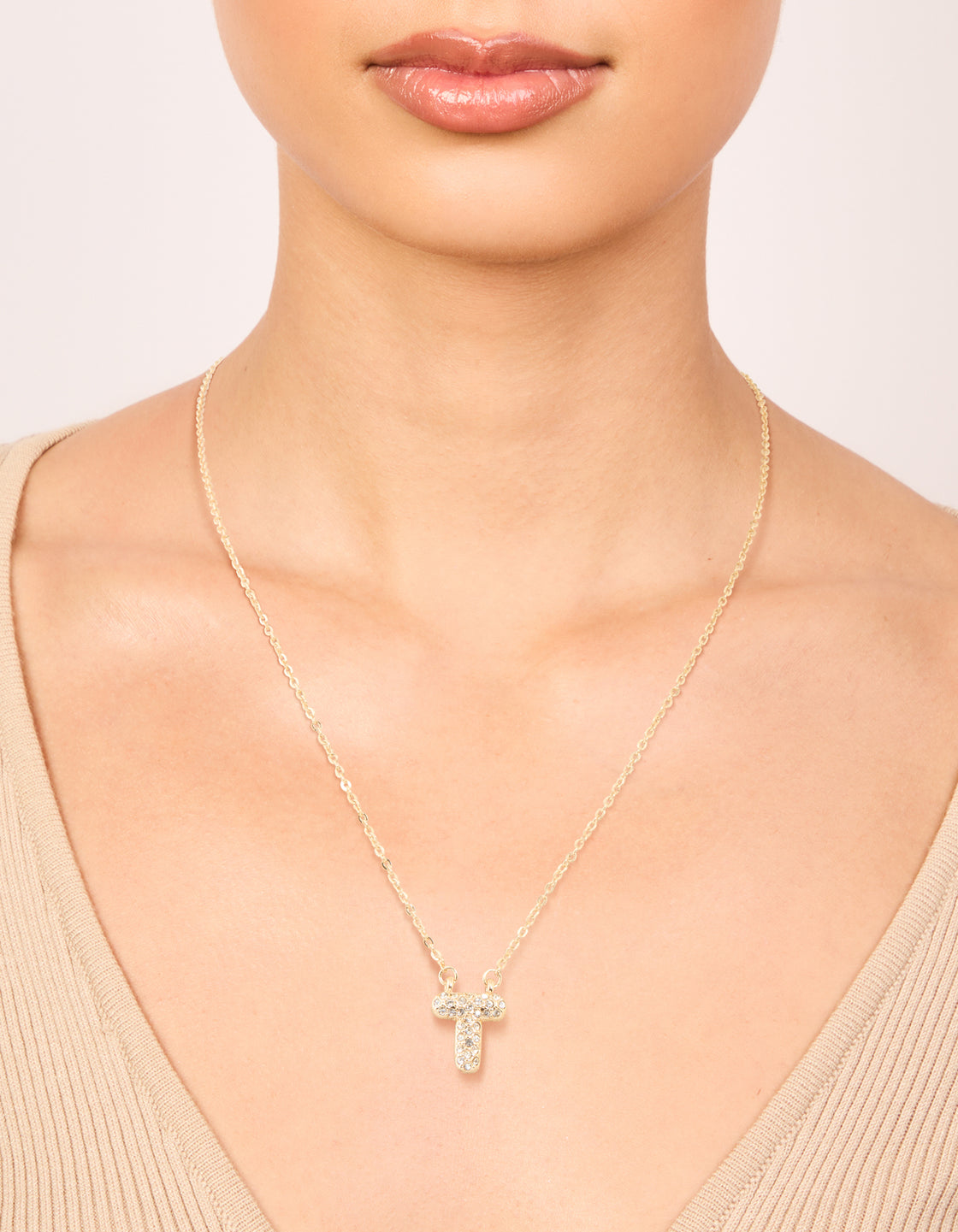 Kids Gold Cubic Zirconia Letter T Necklace