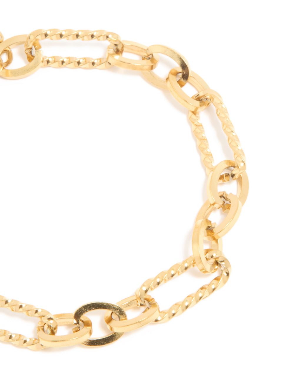 Showcasing waterproof gold plated stainless steel multi-link chain bracelet in chunky style close up view