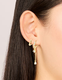 Gold Plated Brass Cubic Zirconia Chain & Smooth Huggie Earrings 2-Pack - link has visual effect only